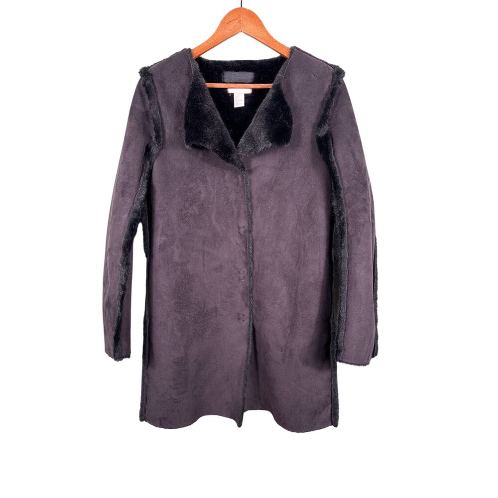 H&M Long Coat Jacket Women Sze 4 Faux Suede Faux Fur Lining Open Front Shearling